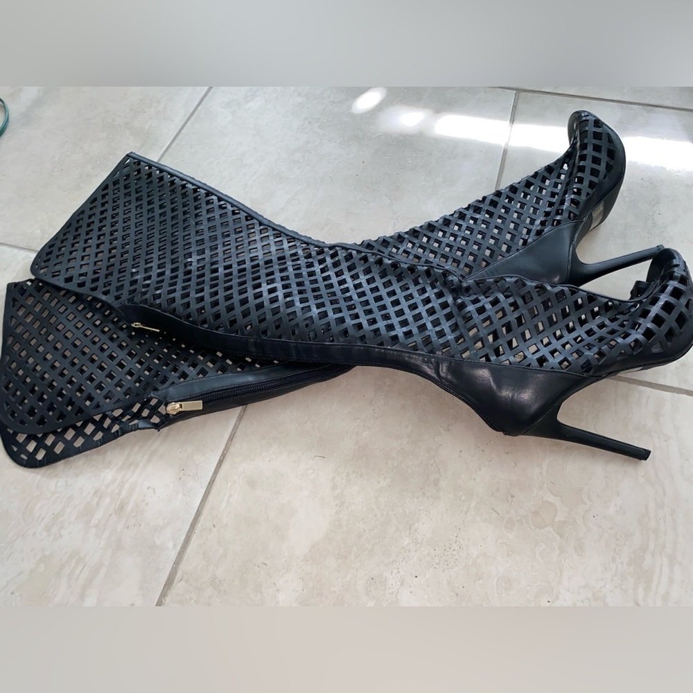 Women’s High Knee Mesh Faux Leather Boot Heels